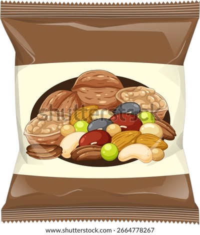 Colorful vector illustration of a sealed snack package containing assorted nuts and candy, with a clear label and realistic shading on a white background