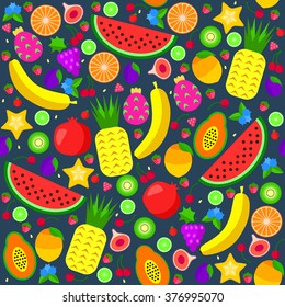 Colorful Vector Illustration / Seamless Bright Pattern Of Fruits Set Collection In Cartoon Style. Perfect For Wallpaper, Wrapping Paper, Book Cover Etc. 