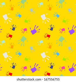 colorful vector illustration of seamless pattern with children's hands marks on yellow background