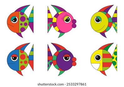 Colorful vector illustration. Set of bright geometric abstract with various face expressions fish on white background.