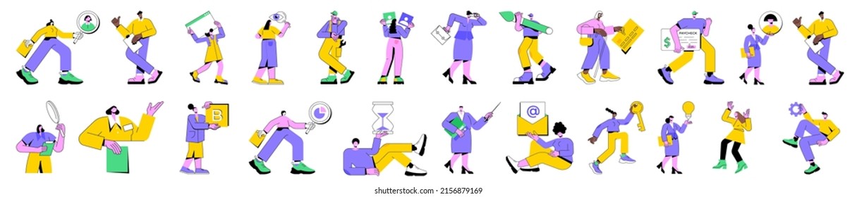 Colorful vector illustration set of business people in work process. Diverse men and women carry out work assignments, manager explaining the presentation, team members at workplace, office tasks.