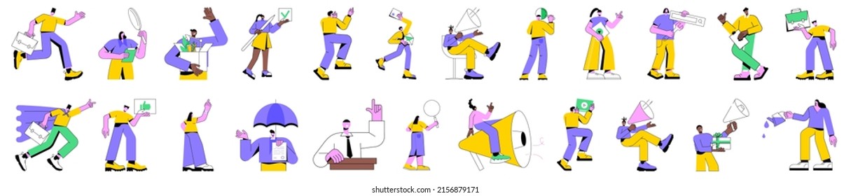 Colorful vector illustration set of business people in work process. Men and women thinking about problem solution, showing a plan, running marketing campaign, smm, searching for strategic data.