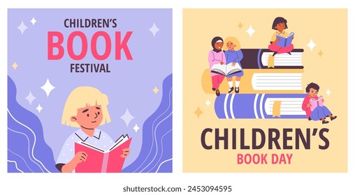 Colorful vector illustration set celebrating children's literature, featuring kids reading and the titles Children's Book Festival and Children's Book Day. 