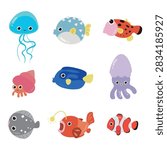 A colorful vector illustration set of cute underwater ocean animals isolated on a transparent background. Includes adorable characters: blue jellyfish, light blue pufferfish, spotted tropical fish, pink hermit crab, blue tang fish, purple squid, grey flounder fish, orange anglerfish, and red clownfish. Flat cartoon style perfect for nursery decor, children stickers, educational material, baby shower designs, and pattern print.