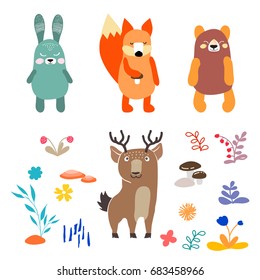 Vector colorido Ilustración con ciervo lindo, conejo, zorro, oso y flores para el diseño y decoración. De estilo oriental.
