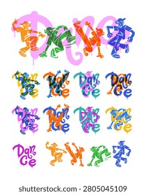 Colorful vector illustration set of dancing people in hip hop and breakdance style, urban street dancers, graffiti lettering, dance crew characters, modern street culture collection isolated on white background