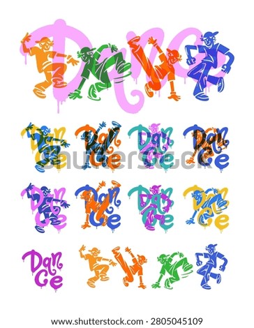 Colorful vector illustration set of dancing people in hip hop and breakdance style, urban street dancers, graffiti lettering, dance crew characters, modern street culture collection isolated on white background