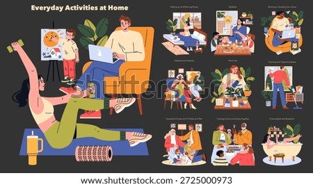 Colorful vector illustration set depicting various everyday activities at home, such as exercising, painting, and relaxing in the bathtub. Engaging scenes emphasize daily routines, hobbies, and family