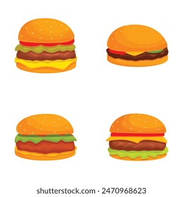 Colorful vector illustration set featuring four different cartoonstyle burgers, isolated on white