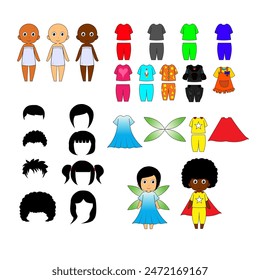 Colorido conjunto de Ilustración vectorial con diversos niños con diversos trajes y peinados. Incluye opciones para diferentes tonos de piel, estilos de ropa, accesorios.