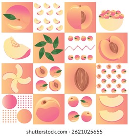 A colorful vector illustration set featuring peaches in various forms and arrangements.