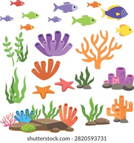 Colorful vector illustration set featuring an assortment of underwater sea life elements including tropical fish, coral formations, seaweed, starfish, and rocks. The collection includes multiple fish species in various colors such as purple, orange, green, yellow, and red, alongside different coral types in purple, orange, pink, and blue tones. Seaweed and sea plants in varying shades of green add natural texture, while starfish in orange and red complete the marine ecosystem collection. This flat design clipart set is perfect for creating custom underwater scenes, aquarium designs, ocean themed game assets, and marine life illustrations. Each element is individually designed for easy use in children's book illustrations, educational marine biology content, app icons, sticker packs, and digital scrapbooking projects. The versatile vector graphics work well for game development, website design, print materials, party decorations, and ocean conservation awareness campaigns. Ideal for designers creating aquarium simulation games, beach themed content, summer graphics, and any project requiring individual sea creature and coral reef elements that can be mixed and matched for custom compositions.