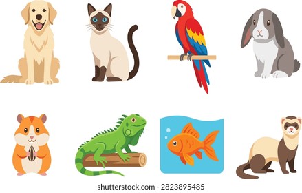 A colorful vector illustration set featuring popular domestic pets including a dog, cat, parrot, rabbit, and fish. This versatile animal collection is perfect for veterinary clinic designs, pet shop branding, and educational materials.