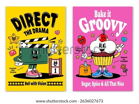 Colorful vector illustration set featuring a joyful baker and a visionary film director in groovy cartoon style. Perfect for posters, education, career topics, and creative projects.