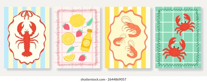 Colorful vector illustration set of four seafood posters inspired by Italian summer and Mediterranean cuisine. Features lobster, shrimp, crabs, lemons, olive oil, and berries in a fun, hand-drawn Dolc