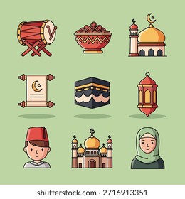 Colorido conjunto de Ilustración vectorial de Elementos culturales y religiosos islámicos, con mezquitas, Kaaba, dátiles, tambor, linterna e íconos de personas musulmanas.