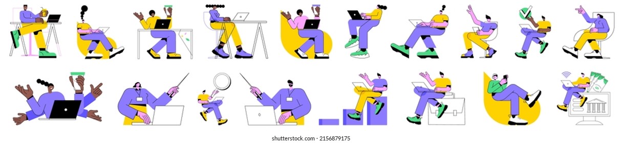 Colorful vector illustration set of isolated people with computers at workplace virtual video conference call and meeting. Diverse men and women with laptops at remote work online business