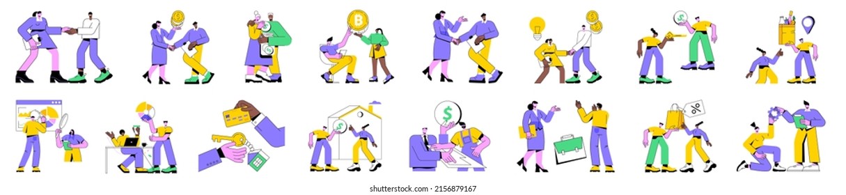 Colorful vector illustration set of negotiating business people. Diverse men and women at business meetings, conclude an agreement, agree on cooperation, shake hands, sell goods and services.