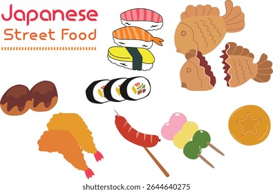 Um colorido conjunto de ilustrações vetoriais de comida de rua e lanches populares japoneses, incluindo takoyaki, dango, sushi, ebi fry, dalgona candy, salsicha grelhada e taiyaki. Perfeito para design de menu.