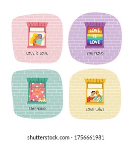 Colorful vector illustration set for the Pride Month. LGBT couples, slogans and LGBTQ flag in windows in cartoon style. Gay and lesbian couples in love.