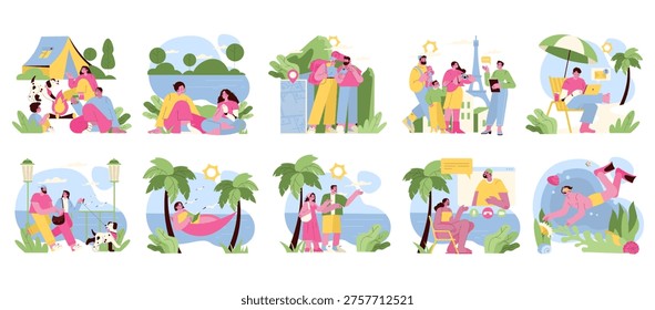 Colorful vector illustration set showcasing various family vacation moments, including camping, beach relaxation, sightseeing, and playful activities. Ideal for travel and leisure themes.