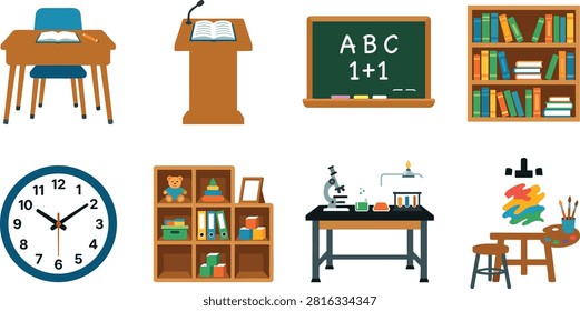 A colorful vector illustration set showcasing various classroom furniture, specialized learning stations, and educational environments. Features a student desk with chair, speaker's podium with microphone, chalkboard with ABC and 1+1, book-filled library shelf, analog wall clock, kindergarten toy storage unit, science laboratory desk with microscope and chemistry flasks, and an art room setup with easel and palette. Ideal for school website designs, educational software, classroom infographics, back-to-school promotional materials, and learning app graphics.