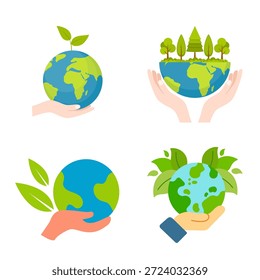 Colorido conjunto de Ilustraciones vectoriales que muestra las manos humanas sosteniendo y protegiendo la verde tierra con hojas y árboles. Ideal para temas de sostenibilidad global y cuidado ambiental.
