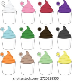 Conjunto de ilustração vetorial colorido de xícaras de sorvete de serviço macio em uma ampla variedade de sabores e tons pastel.