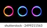 Colorful vector illustration set of three neon glowing circles in vibrant colors: red-orange, blue-green, and purple-pink. Each circle has a soft glowing effect against a black background.