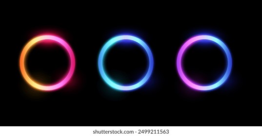 Colorful vector illustration set of three neon glowing circles in vibrant colors: red-orange, blue-green, and purple-pink. Each circle has a soft glowing effect against a black background.