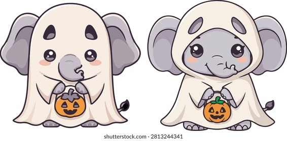 A colorful vector illustration of a set of two cute cartoon baby elephants dressed up in white ghost costumes for Halloween, both holding carved jack-o'-lantern pumpkin buckets, clean pop art aesthetic, holiday celebration, and festive animal concept style flat vector illustration