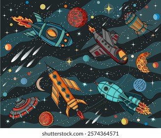 Ilustração vetorial colorida de navios, foguetes e satélites contra o universo espacial futuro retrô com planetas e estrelas, conceito de ficção científica