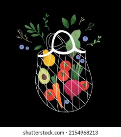 Colorful vector illustration - shopping bag with raw vegetables and fruits. Avocado, pear, beetroot and greens. Vegan lifestyle. Perfect for supermarkets, local shops, delivery, market, 