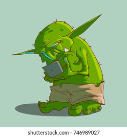 Colorful vector illustration of a Short cartoon green internet troll, with a mobile device.