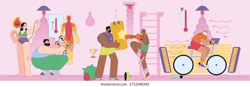 Ilustración vectorial colorida que muestra diversas actividades de fitness, como levantamiento de pesas, boxeo, cuerda de salto y ciclismo. Los personajes participan enérgicamente en varios ejercicios.