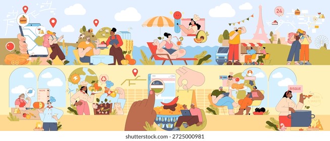 Colorful vector illustration showcasing diverse characters engaging in global food activities. Characters explore cuisines, enjoy meals, and share cultural food experiences in various settings.