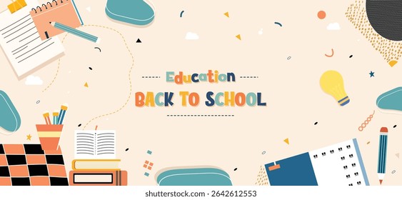 A colorful vector illustration showcasing education with back to school supplies, books, and accessories.