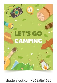 A colorful vector illustration showcasing essential camping gear including a lantern, guitar, and compass, perfect for outdoor enthusiasts.