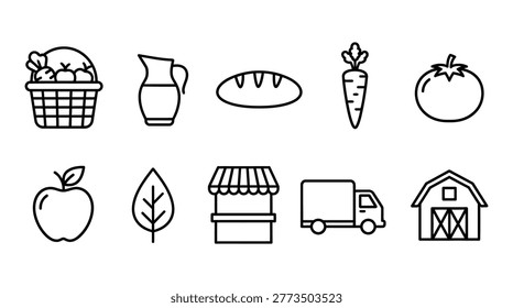 Colorful vector illustration showcasing farm-fresh produce, including fruits, vegetables, and a delivery truck, ideal for marketing materials, educational content, and business promotions related to agriculture, healthy eating, and logistics.