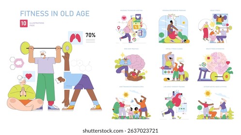 Colorful vector illustration showcasing fitness activities for seniors, including weightlifting, group exercises, and mental wellness practices to promote a healthy lifestyle in old age.