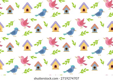 Colorful vector illustration showcasing a seamless pattern featuring cute birds, whimsical birdhouses, and green leaves. Perfect for decorative and playful design projects.