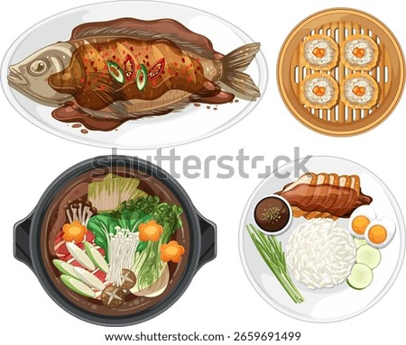 Colorful vector illustration showcasing a variety of Asian dishes, highlighting vibrant colors and intricate details in a top-down view