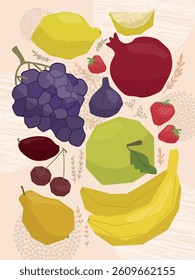 Colorful vector illustration showcasing various fruits including grapes, lemons, bananas, and strawberries. Stylized design perfect for food and health-related themes.