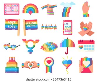 Uma ilustração vetorial colorida exibindo vários símbolos de orgulho, mensagens e decorações para celebrar o Mês do Orgulho.