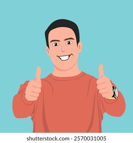 Colorful vector illustration showing a cheerful man wearing a red shirt and giving a thumbs up, indicating a positive attitude and approval. Perfect for conveying messages of encouragement, approval.