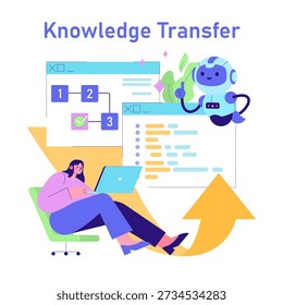 Colorful vector illustration showing the concept of knowledge transfer between a person working on a laptop and an AI robot. Abstract flowcharts and coding elements highlight advanced technology