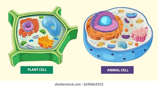 Ilustração vetorial colorida mostrando estruturas detalhadas de células vegetais e animais, destacando organelas e componentes celulares