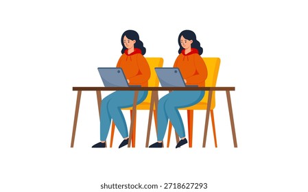 Una colorida Ilustración vectorial que muestra a dos estudiantes enfocados estudiando juntos en un escritorio usando computadoras portátiles. Perfecto para conceptos relacionados con la educación, el aprendizaje en línea, el trabajo en equipo, la vida universitaria, el estudio remoto o la colaboración académica. Este moderno gráfico de estilo plano captura la concentración, el intercambio de conocimientos y el entorno de aprendizaje digital. 