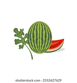 Ilustración vectorial colorida que muestra una sandía entera con rodajas y hojas. Una representación perfecta del verano, la frescura y la belleza de las frutas naturales.