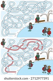 A colorful vector illustration shows a ladybug navigating a winding blue maze to join its friends who are skating on the ice below - maze for kids with a solution